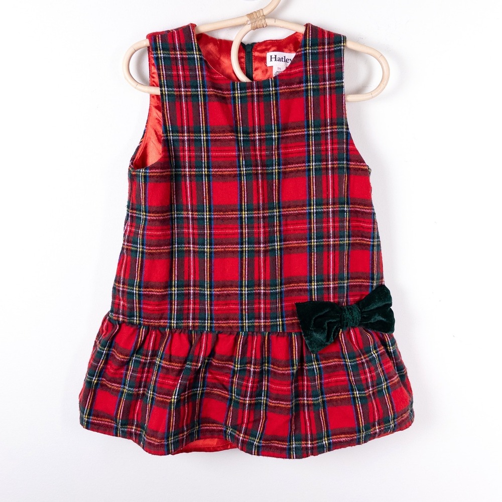 Hatley Plaid Flannel Dress Kids 3T Red Tartan Velvet Bow Holiday Party